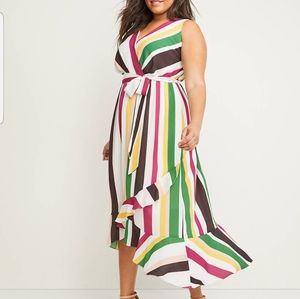 Striped Faux-Wrap Midi Dress